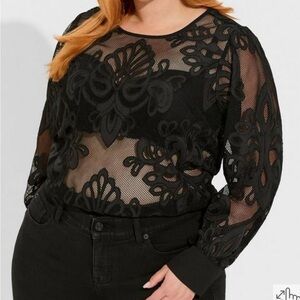 Torrid Mesh With Embroidery Long Sleeve Blouse.